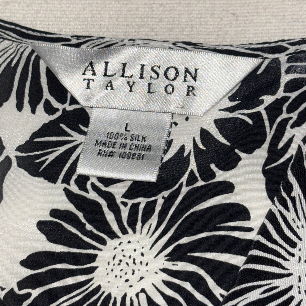 Allison Taylor‎ Black White Floral Babydoll Silk Blouse Women's Size L Career - Picture 6 of 6